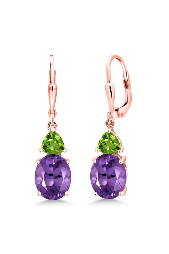 18K Rose Gold Plated Silver Purple Amethyst and Green Peridot Dangle Earrings for Women | 5.56 Cttw | Gemstone February Birthstone | Oval 10X8MM | Trillion 5MM