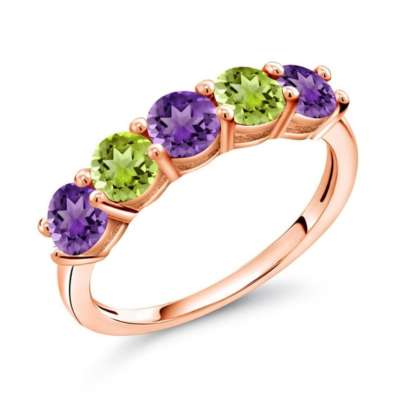 Gem Stone King 18K Rose Gold Plated Silver Purple Amethyst and Green Peridot Wedding Band Ring for Women (0.89 Cttw, Round 3.5MM, Gemstone February Birthstone, Size 7)