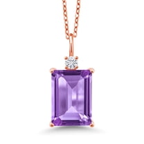 Gem Stone King 18K Rose Gold Plated Silver Purple Amethyst and Moissanite Pendant Necklace for Women (6.35cttw, Emerald Cut 1410mm with 18 inch Silver Chain)
