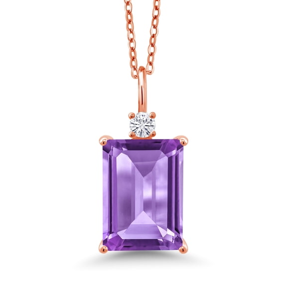 Gem Stone King 18K Rose Gold Plated Silver Purple Amethyst and Moissanite Pendant Necklace for Women (6.35cttw, Emerald Cut 1410mm with 18 inch Silver Chain)