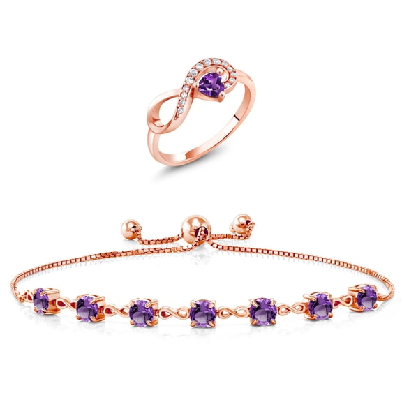 Gem Stone King 18K Rose Gold Plated Silver Purple Amethyst Ring and Bracelet Jewelry Set for Women | 2.73 Cttw | Gemstone February Birthstone | Heart Shape 4MM | Round 4.5MM | Size 7