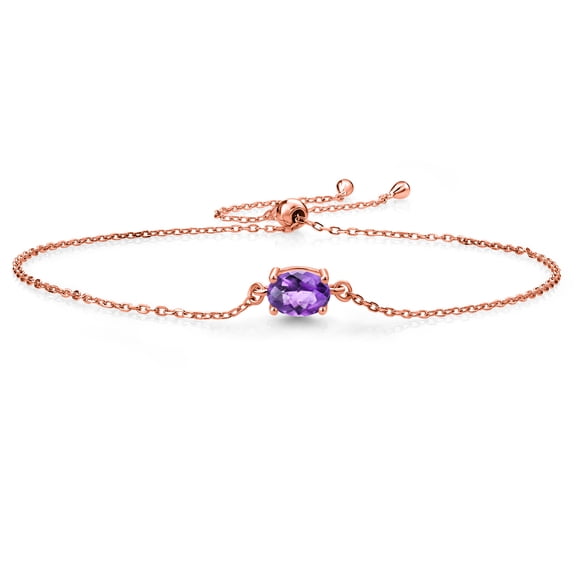 Gem Stone King 18K Rose Gold Plated Silver Purple Amethyst Solitaire Bracelet for Women (0.75 Cttw, Oval Checkerboard Cut 7x5mm)