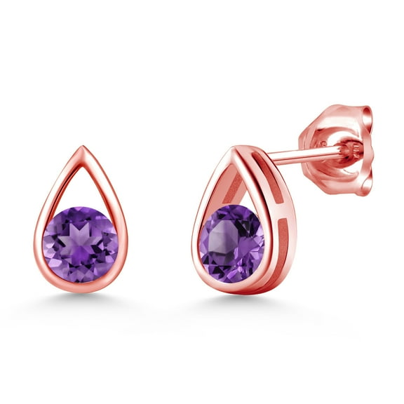 Gem Stone King 18K Rose Gold Plated Silver Purple Amethyst Teardrop Stud Earrings for Women Men (0.95 Cttw, Gemstone February Birthstone, Round 5MM)