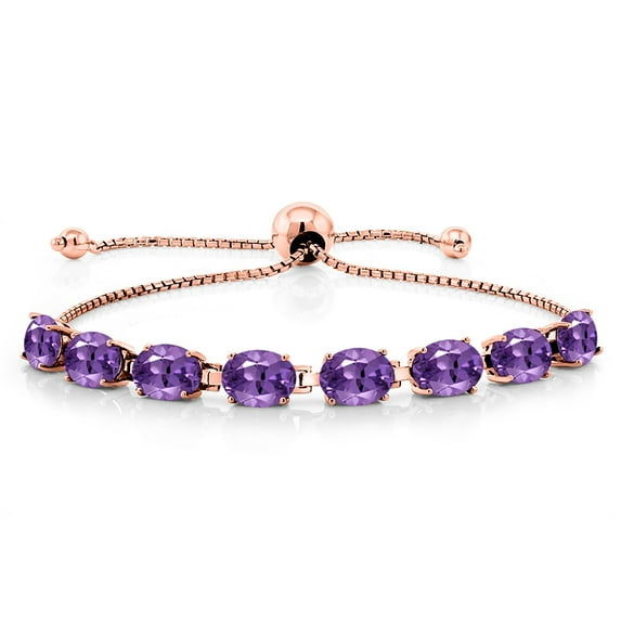 Gem Stone King 18K Rose Gold Plated Silver Purple Amethyst Tennis Bracelet for Women (6.00 Cttw, Gemstone February Birthstone, Oval 7X5MM, Fully Adjustable up to 9 inch)