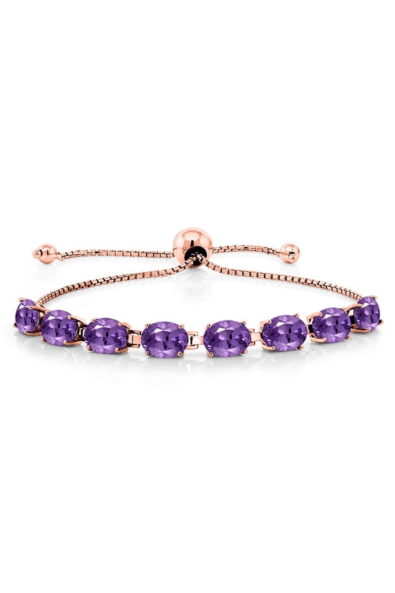 18K Rose Gold Plated Silver Purple Amethyst Tennis Bracelet for Women (6.00 Cttw, Gemstone February Birthstone, Oval 7X5MM, Fully Adjustable up to 9 inch)