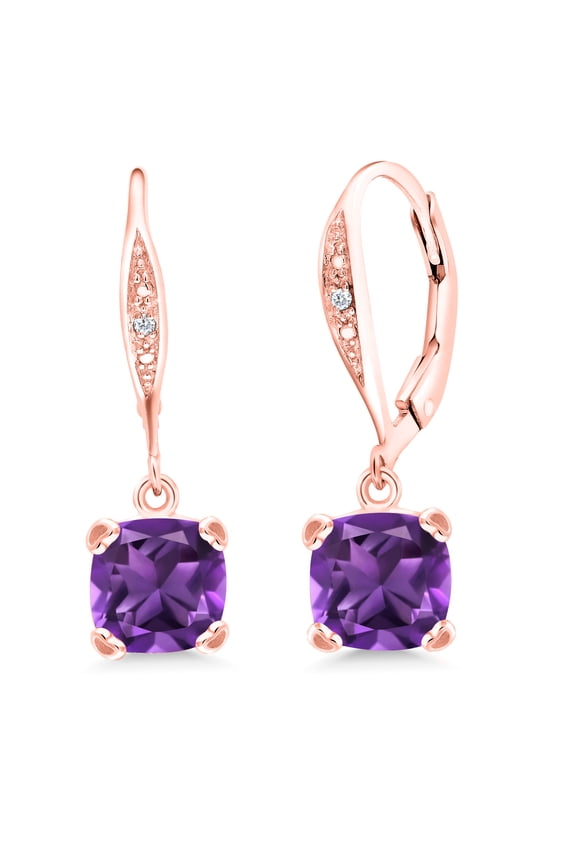 18K Rose Gold Plated Silver Purple Amethyst and White Diamond Earrings for Women (2.81 Cttw, Gemstone February Birthstone, Cushion 7MM)