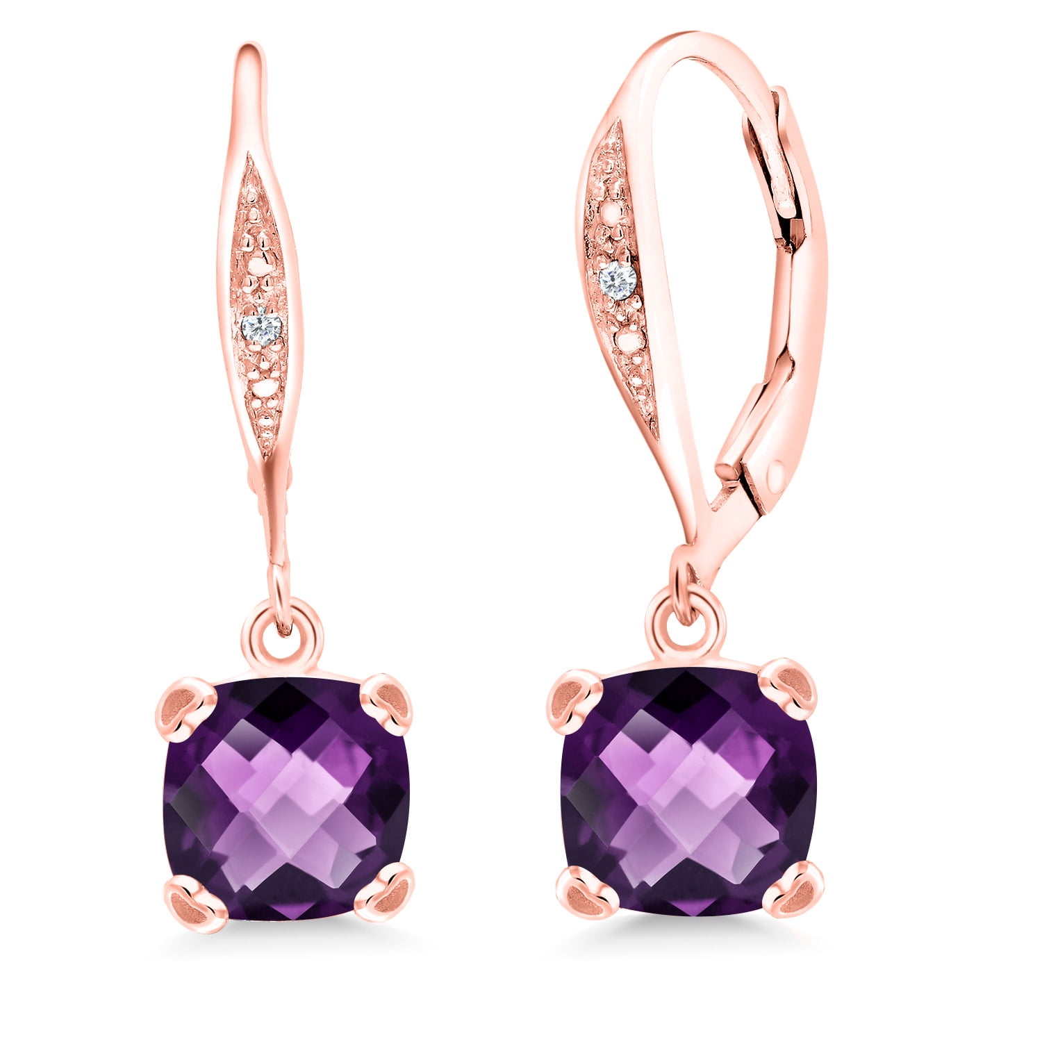 Gem Stone King 18K Rose Gold Plated Silver Purple Amethyst and White Diamond Earrings for Women (2.81 Cttw, Gemstone February Birthstone, Cushion Checkerboard 7MM)