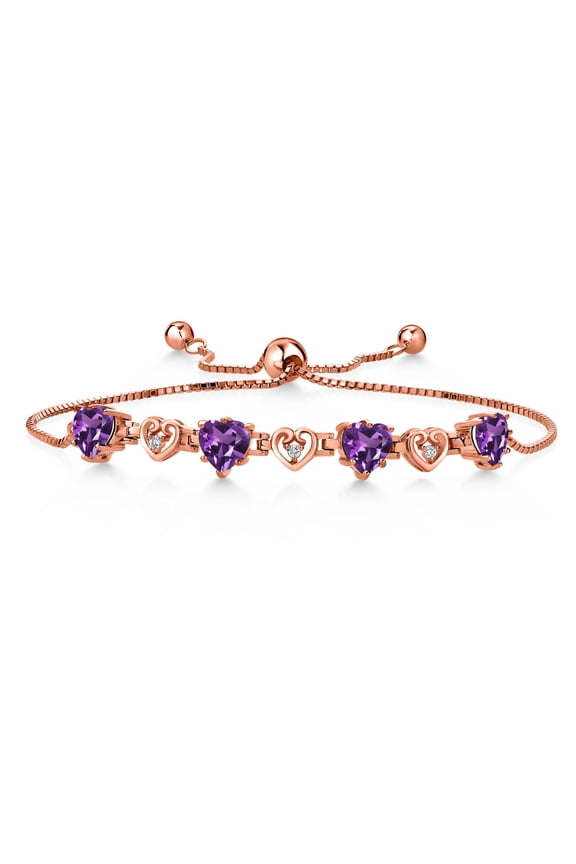 18K Rose Gold Plated Silver Purple Amethyst and White Lab Grown Diamond Bracelet for Women (3.24Cttw, Gemstone February Birthstone, Heart Shape 6X6MM, Fully Adjustable up to 9 inches)