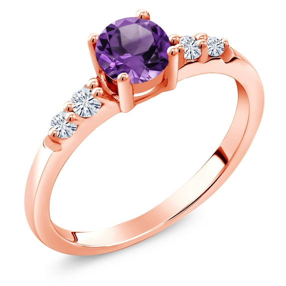 Gem Stone King 18K Rose Gold Plated Silver Purple Amethyst and White Lab Grown Diamond Engagement Ring for Women (0.63 Cttw, Round 5MM, Gemstone February Birthstone, Size 6)