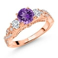thumbnail image 1 of Gem Stone King 18K Rose Gold Plated Silver Purple Amethyst White Lab Grown Diamond and White Moissanite Engagement Ring for Women (1.47 Cttw, Gemstone February Birthstone, Round 6MM and 3MM, Size 7), 1 of 4