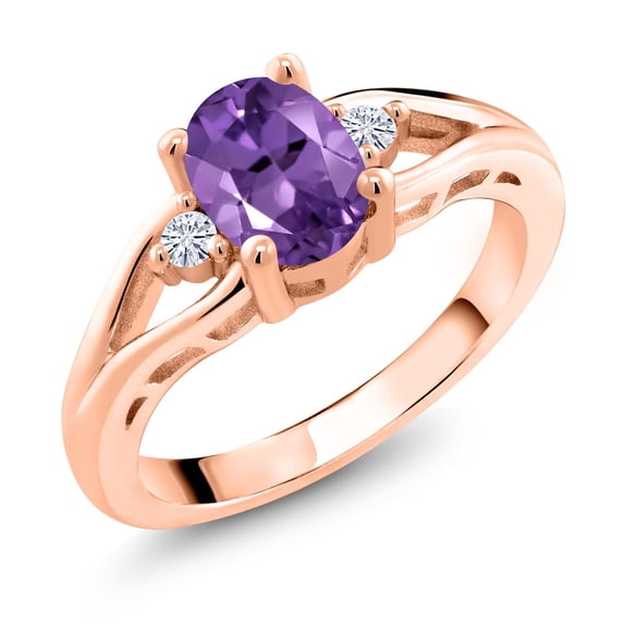 Gem Stone King 18K Rose Gold Plated Silver Purple Amethyst and White Moissanite 3 Stone Engagement Ring for Women | 1.23 Cttw | Oval 8X6MM | Round 2MM | Gemstone February Birthstone | Size 5