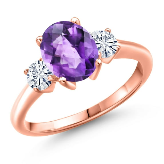Gem Stone King 18K Rose Gold Plated Silver Purple Amethyst and White Moissanite Engagement Ring for Women | 1.96 Cttw | Oval Checkerboard 9X7MM | Gemstone February Birthstone | Size 8