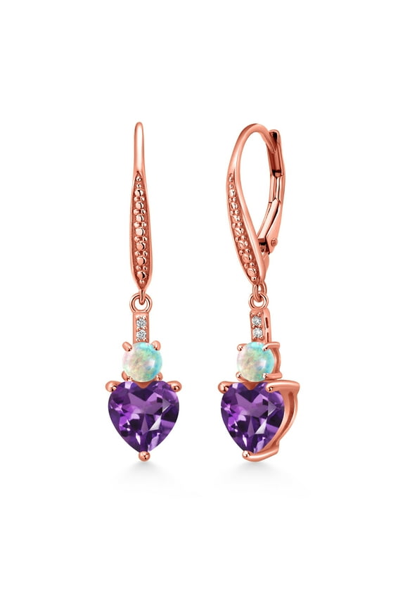 18K Rose Gold Plated Silver Purple Amethyst White Opal and White Lab Grown Diamond Drop Dangle Earrings for Women (2.33 Cttw, Heart Shape 7MM, Round 4MM)