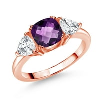 Gem Stone King 18K Rose Gold Plated Silver Purple Amethyst and White Zirconia 3 Stone Engagement Ring for Women (2.94 Cttw, Gemstone February Birthstone, Available in Size 5, 6, 7, 8, 9)