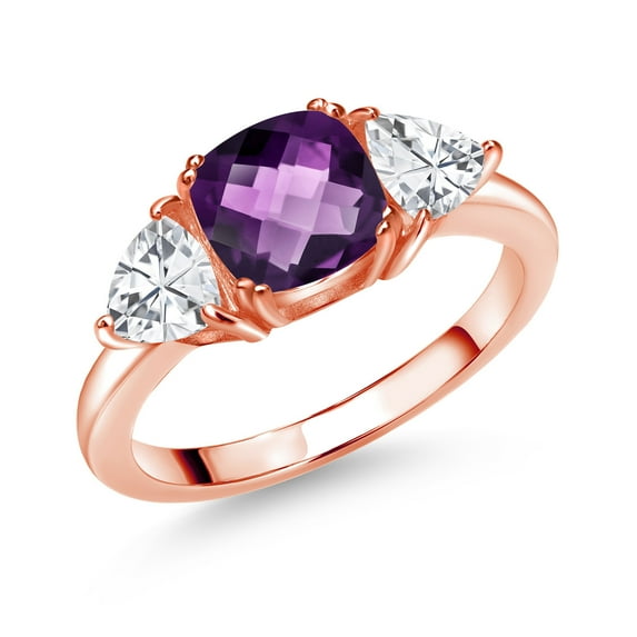 Gem Stone King 18K Rose Gold Plated Silver Purple Amethyst and White Zirconia 3 Stone Engagement Ring for Women (2.94 Cttw, Gemstone February Birthstone, Available in Size 5, 6, 7, 8, 9)