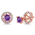 thumbnail image 1 of Gem Stone King 18K Rose Gold Plated Silver Purple Amethyst and Moissanite Stud Earrings (1.37 Cttw, Gemstone Birthstone, Round 5MM), 1 of 6