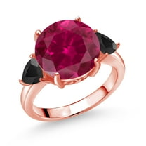 Gem Stone King 18K Rose Gold Plated Silver Red Created Ruby and Black Onyx 3-Stone Ring for Women (7.72 Cttw, Round 12MM, Trillion 5MM, Size 8)