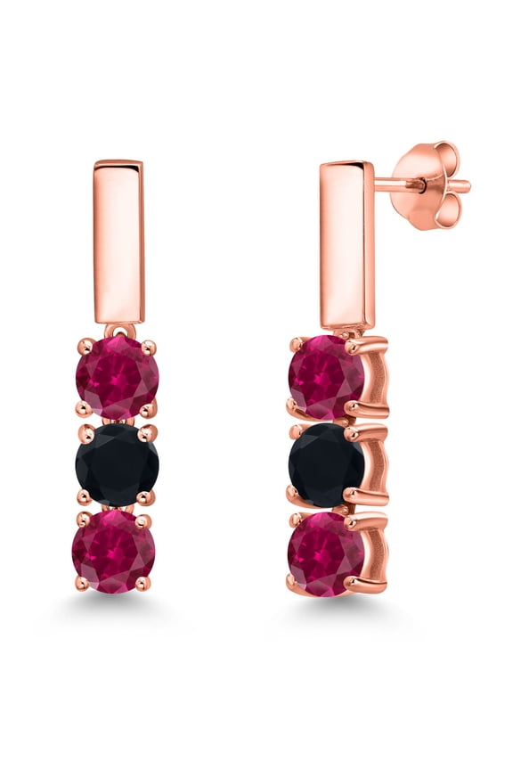 18K Rose Gold Plated Silver Red Created Ruby and Black Onyx Drop Dangle Earrings for Women | 1.68 Cttw | Gemstone July Birthstone | Round 5MM