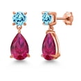 thumbnail image 1 of Gem Stone King 18K Rose Gold Plated Silver Red Created Ruby and Blue Apatite Teardrop Dangle Drop Earrings for Women (8.60 Cttw, Gemstone Birthstone, Pear Shape 12x8MM, Round 6MM), 1 of 4