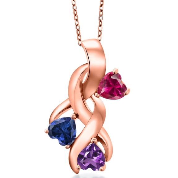 Gem Stone King 18K Rose Gold Plated Silver Red Created Ruby and Blue Created Sapphire and Purple Amethyst Pendant for Women (1.52 Cttw, Gemstone July Birthstone, Heart Shape 5MM, 18 inch Chain)