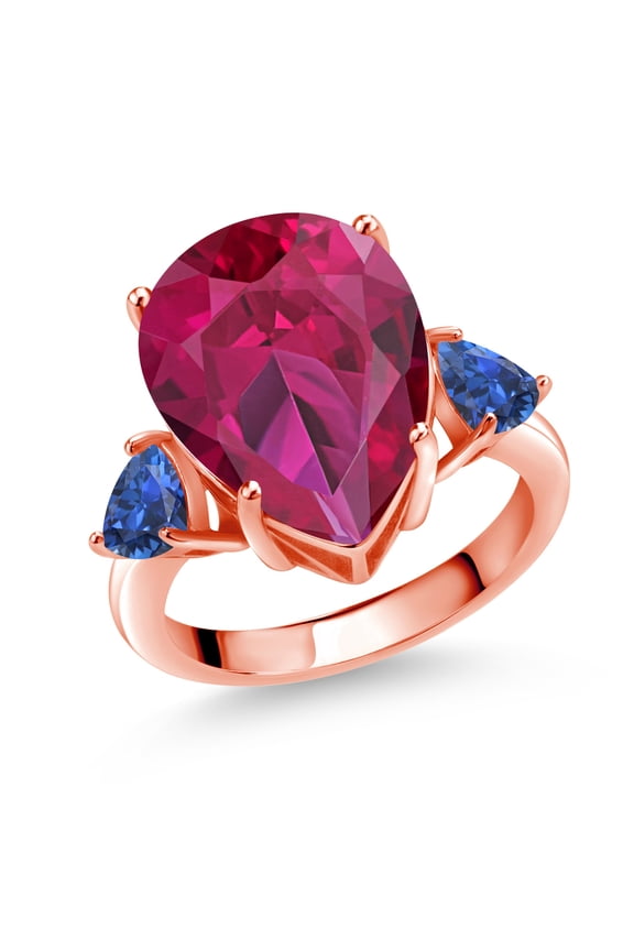 18K Rose Gold Plated Silver Red Created Ruby and Blue Created Sapphire Ring for Women (10.70 Cttw, Gemstone July Birthstone, Pear Shape 16X12MM, Size 9)
