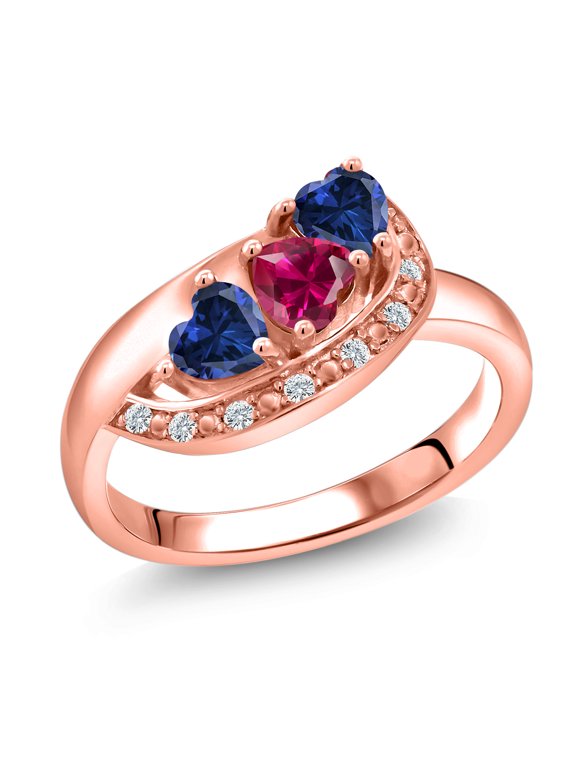 18K Rose Gold Plated Silver Red Created Ruby Blue Created Sapphire and White Created Sapphire Engagement Ring for Women (1.36 Cttw, Gemstone July Birthstone, Heart Shape 4MM, Size 8)