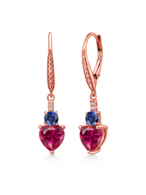 18K Rose Gold Plated Silver Red Created Ruby Blue Created Sapphire and White Lab Grown Diamond Drop Dangle Earrings for Women (3.33 Cttw, Heart Shape 7MM, Round 4MM)
