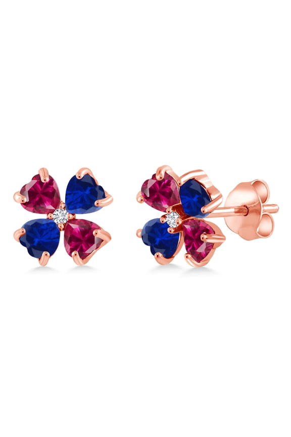 18K Rose Gold Plated Silver Red Created Ruby Blue Created Sapphire and White Lab Grown Diamond Earrings for Women | 3.23 Cttw | Gemstone July Birthstone | Heart Shape 4MM