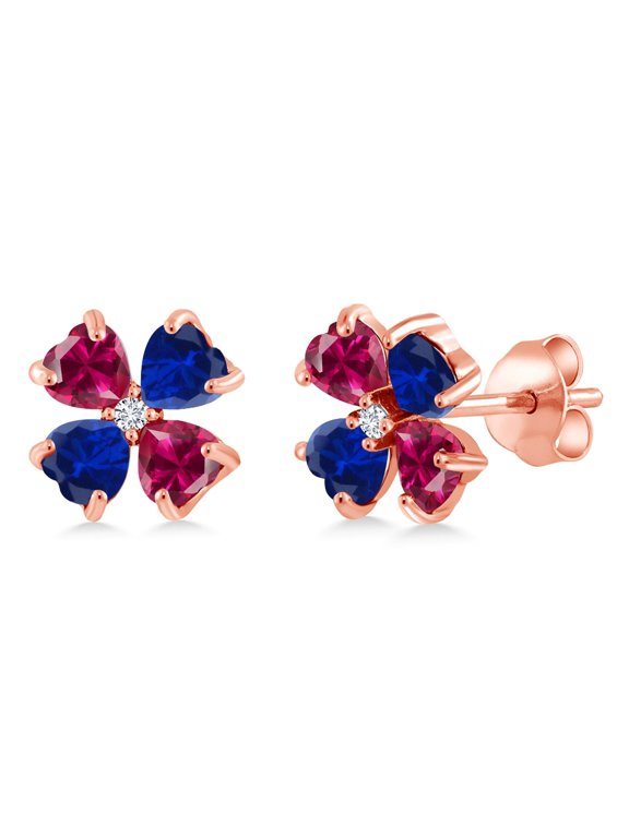 18K Rose Gold Plated Silver Red Created Ruby Blue Created Sapphire and White Lab Grown Diamond Earrings for Women | 3.23 Cttw | Gemstone July Birthstone | Heart Shape 4MM