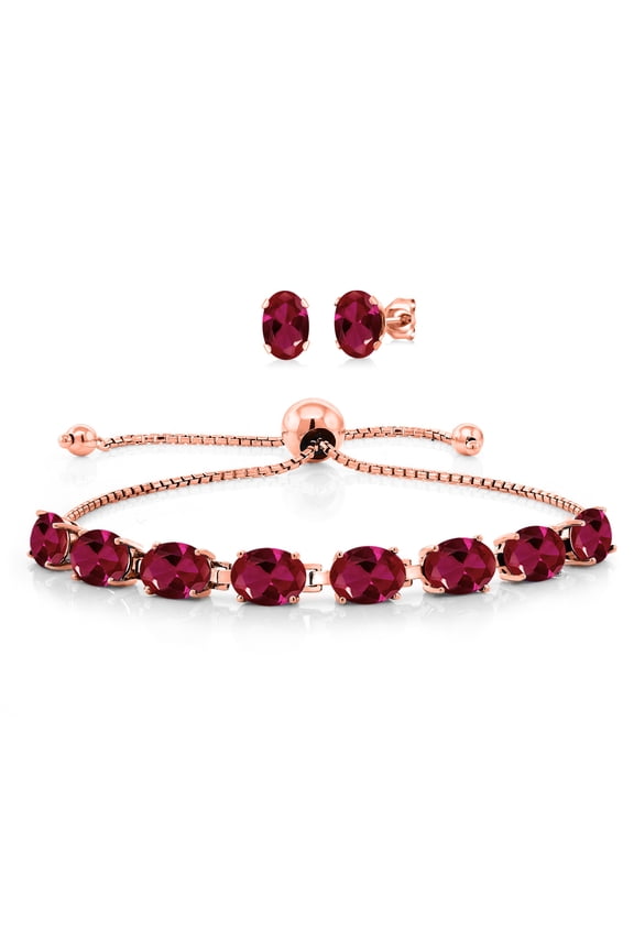 18K Rose Gold Plated Silver Red Created Ruby Bracelet and Earrings Jewelry Set for Women (8.50 Cttw, Gemstone July Birthstone, Oval 7X5MM, Fully Adjustable up to 9 inch)