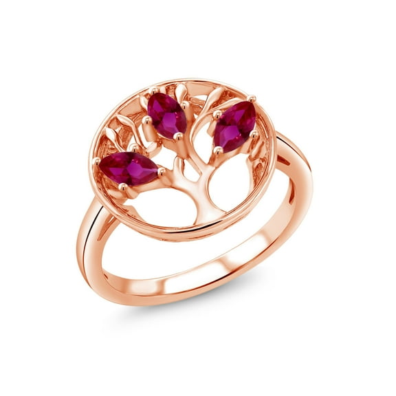 Gem Stone King 18K Rose Gold Plated Silver Red Created Ruby Family Tree of Life Ring for Women (0.90 Cttw, Gemstone July Birthstone, Size 8)