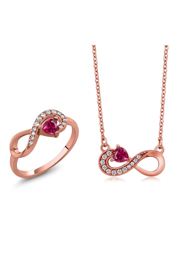18K Rose Gold Plated Silver Red Created Ruby Infinity Ring Earrings Pendant Jewelry Set for Women (0.85 Cttw, Gemstone July Birthstone, Heart 4MM, with 18 inch Silver Chain)