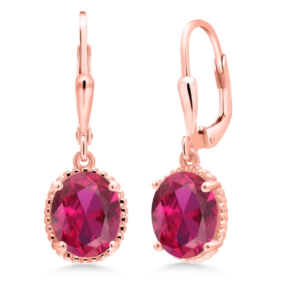 Gem Stone King 18K Rose Gold Plated Silver Red Created Ruby Leverback Dangle Earrings for Women (4.00 Cttw, Gemstone July Birthstone, Oval 9X7MM)