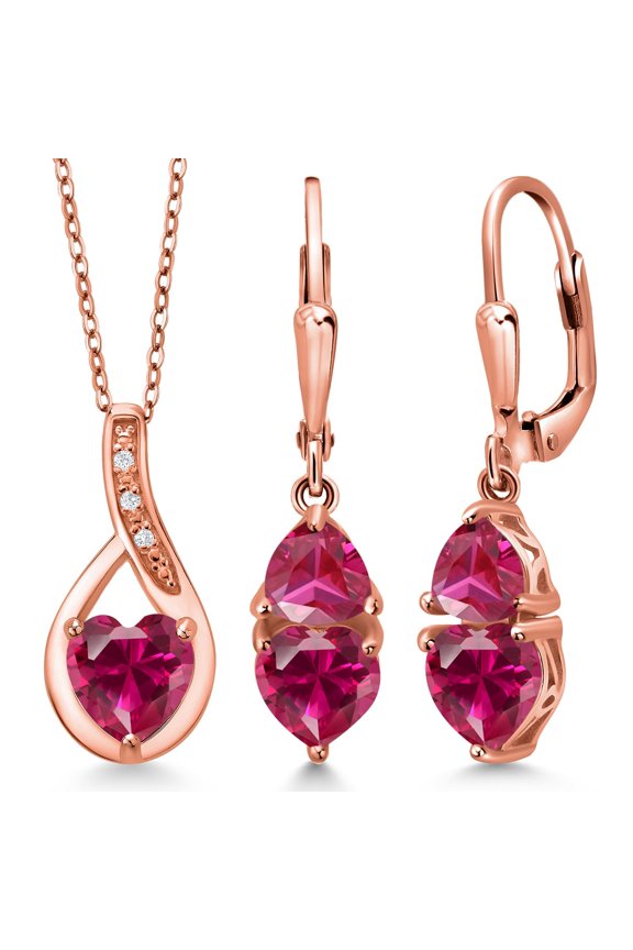 18K Rose Gold Plated Silver Red Created Ruby Pendant Earrings Set for Women (4.18 Cttw, Gemstone July Birthstone, with 18 inch Chain)