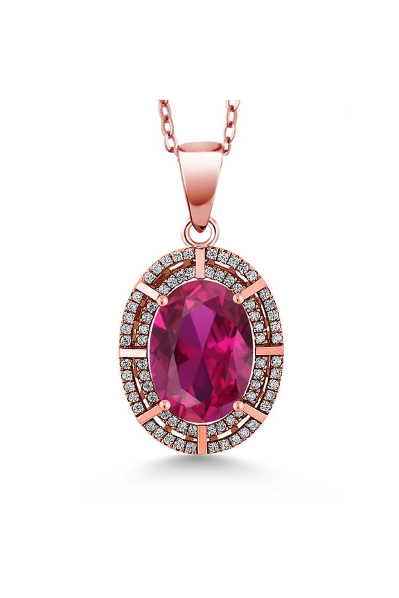 18K Rose Gold Plated Silver Red Created Ruby Pendant Necklace for Women (3.84 Cttw, Oval 14X10MM, Gemstone July Birthstone, with 18 inch Silver Chain)