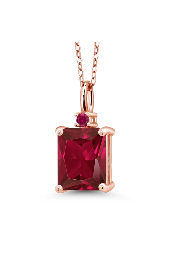 18K Rose Gold Plated Silver Red Created Ruby Pendant Necklace for Women (3.85 Cttw, Gemstone July Birthstone, Emerald Cut 10X8MM with 18 inch Silver Chain)