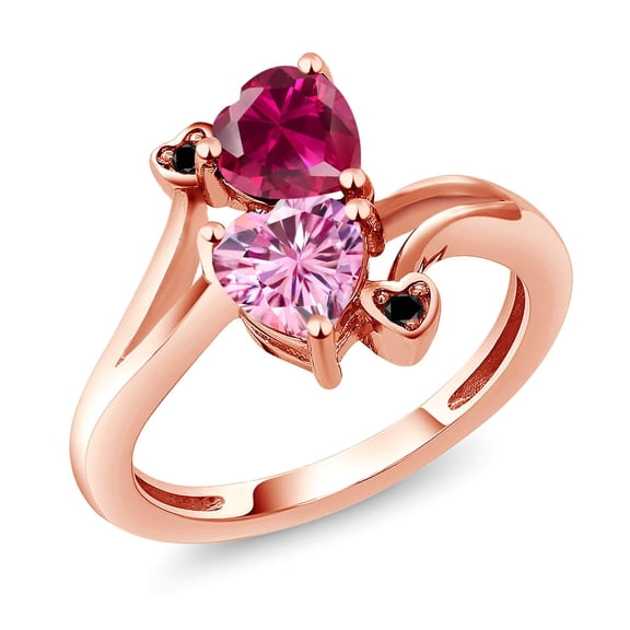 Gem Stone King 18K Rose Gold Plated Silver Red Created Ruby Pink Moissanite and Black Diamond Ring for Women (1.80 Cttw, Heart Shape 6MM, Gemstone July Birthstone, Size 6)