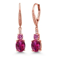 Gem Stone King 18K Rose Gold Plated Silver Red Created Ruby and Pink Moissanite Dangle Earrings for Women with Lab Grown Diamond (4.49 Cttw, Oval 9X7MM)