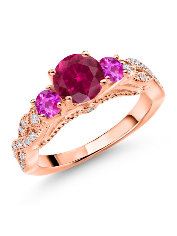 18K Rose Gold Plated Silver Red Created Ruby Pink Sapphire and White Moissanite Engagement Ring for Women (1.53 Cttw, Gemstone July Birthstone, Round 6MM and 3MM, Size 7)