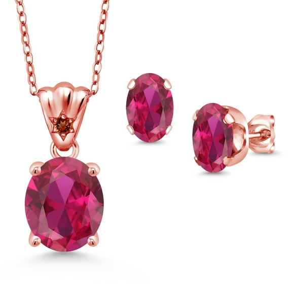 Gem Stone King 18K Rose Gold Plated Silver Red Created Ruby and Red Garnet Pendant and Earrings Jewelry Set for Women (6.75 Cttw, Gemstone Birthstone, Oval 11X9MM and 8X6MM with 18 inch Silver Chain)