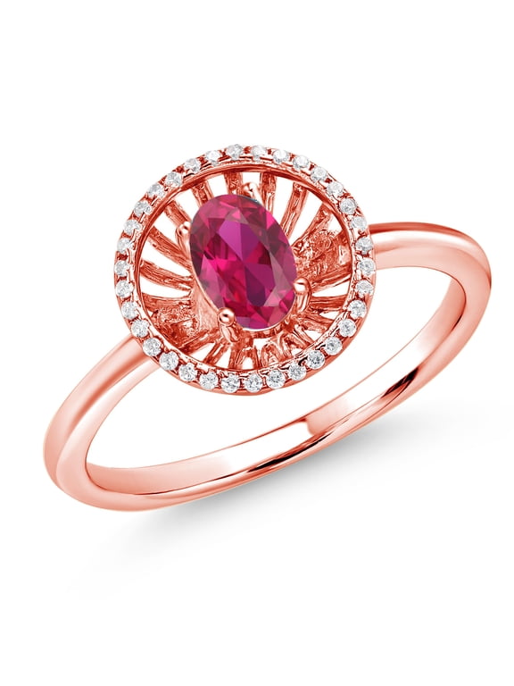 18K Rose Gold Plated Silver Red Created Ruby Ring for Women (0.98 Cttw, Oval 6X4MM, Gemstone July Birthstone, Size 7)