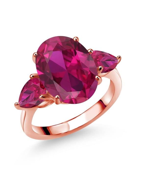 18K Rose Gold Plated Silver Red Created Ruby Ring for Women (5.00 Cttw, 14X10MM Oval and 7X5MM Pear Shape, Gemstone July Birthstone, Size 5)
