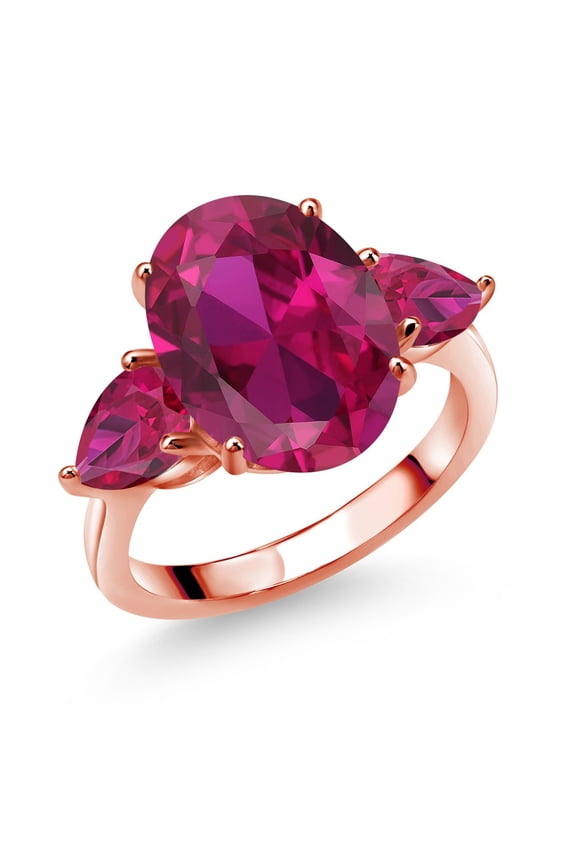 18K Rose Gold Plated Silver Red Created Ruby Ring for Women (5.00 Cttw, 14X10MM Oval and 7X5MM Pear Shape, Gemstone July Birthstone, Size 9)