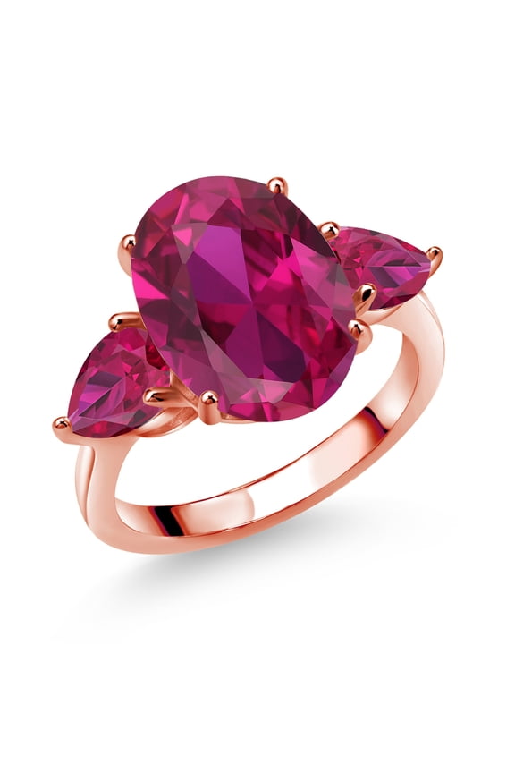 18K Rose Gold Plated Silver Red Created Ruby Ring for Women (5.00 Cttw, 14X10MM Oval and 7X5MM Pear Shape, Gemstone July Birthstone, Size 5)