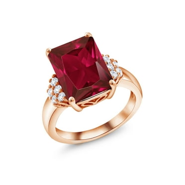 Gem Stone King 18K Rose Gold Plated Silver Red Created Ruby Ring for Women (5.30 Cttw, Gemstone July Birthstone, Emerald Cut 14X10MM, Available in Size 5, 6, 7, 8, 9)
