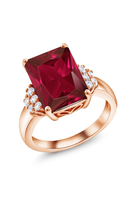 18K Rose Gold Plated Silver Red Created Ruby Ring for Women (5.30 Cttw, Gemstone July Birthstone, Emerald Cut 14X10MM, Available in Size 5, 6, 7, 8, 9)