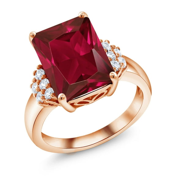 Gem Stone King 18K Rose Gold Plated Silver Red Created Ruby Ring for Women (5.30 Cttw, Gemstone July Birthstone, Emerald Cut 14X10MM, Available in Size 5, 6, 7, 8, 9)