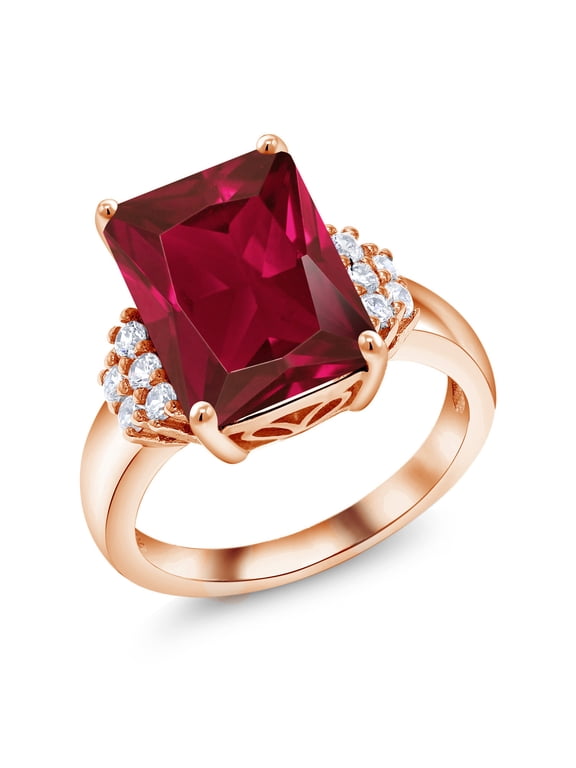 18K Rose Gold Plated Silver Red Created Ruby Ring for Women (5.30 Cttw, Gemstone July Birthstone, Emerald Cut 14X10MM, Available in Size 5, 6, 7, 8, 9)