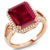 Gem Stone King 18K Rose Gold Plated Silver Red Created Ruby Ring for Women (5.70 Cttw, Emerald Cut 12X10MM, Gemstone July Birthstone, Available in Size 5, 6, 7, 8, 9)