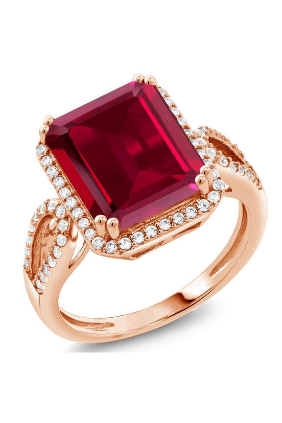 18K Rose Gold Plated Silver Red Created Ruby Ring for Women (5.70 Cttw, Emerald Cut 12X10MM, Gemstone July Birthstone, Available in Size 5, 6, 7, 8, 9)